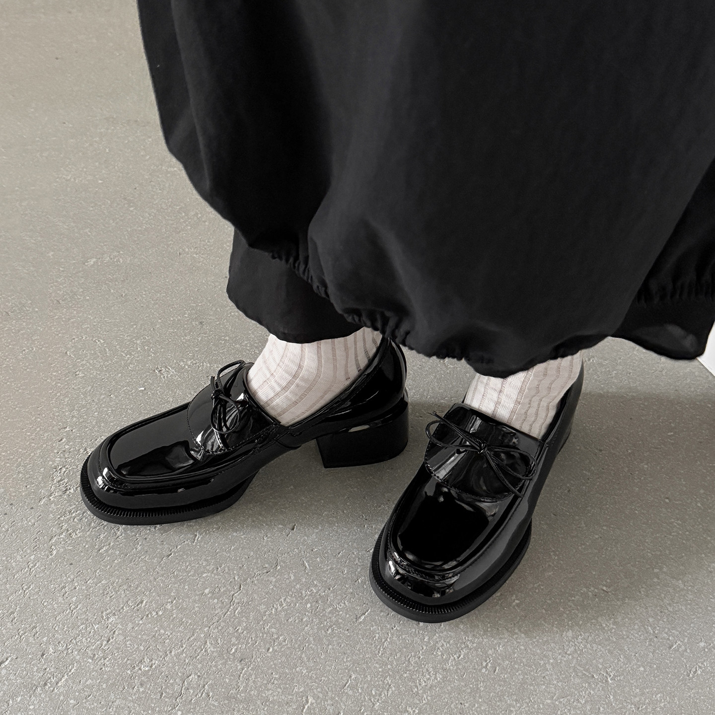 4.5cm英伦蝴蝶结粗跟乐福鞋