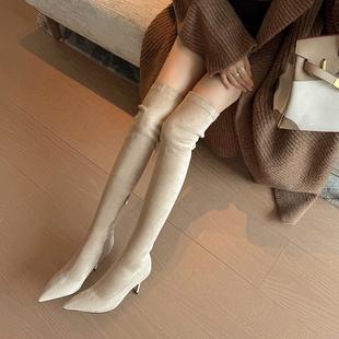 靴 风绒面弹力瘦瘦时装 9cm时尚 尖头超高细跟过膝靴女百搭纯色韩版