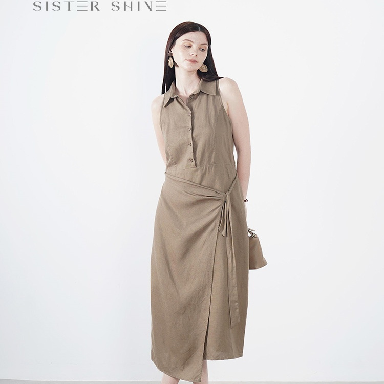 SISTERSHINE天丝亚麻清凉夏季抗皱假两件亚麻连衣裙