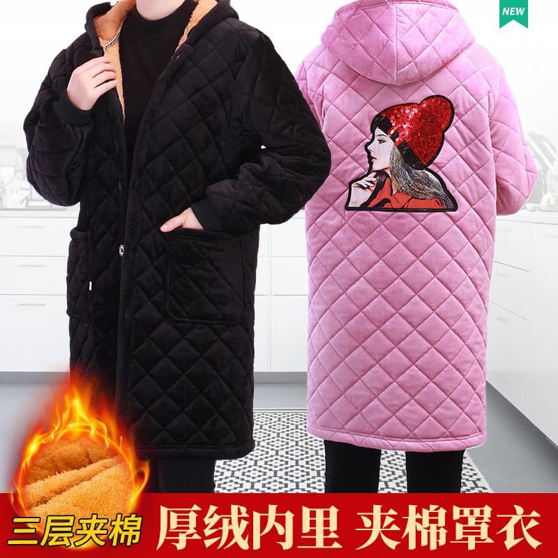 冬天超厚罩衣加绒保暖大人夹棉男女款外套图案工作服家用厨房围裙