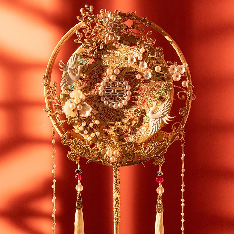 结婚新娘团扇古风双圈成品中式婚礼金色秀禾扇手工喜扇diy材料包