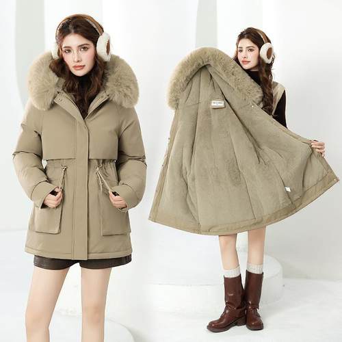外贸棉服2025冬季新款加厚派克服女收腰显瘦连帽大毛领棉衣外套女