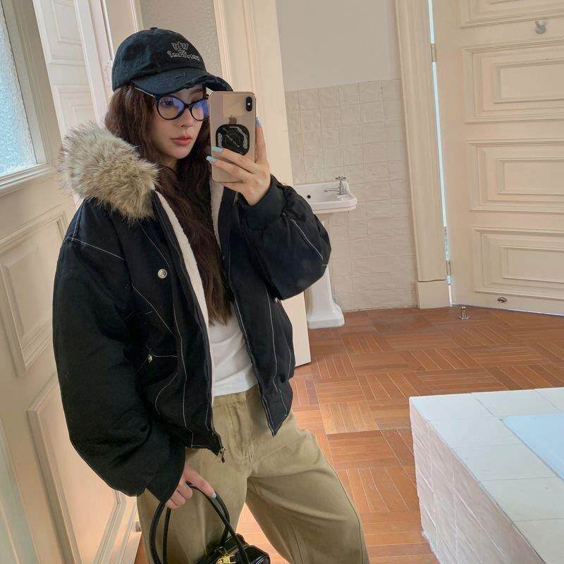 美式复古黑色座山雕外套女款秋冬派克服加绒加厚国潮短款夹克棉服