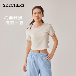 针织运动露脐装 斯凯奇T恤衫 简约风格 2025年夏季 圆领上衣休闲 女款