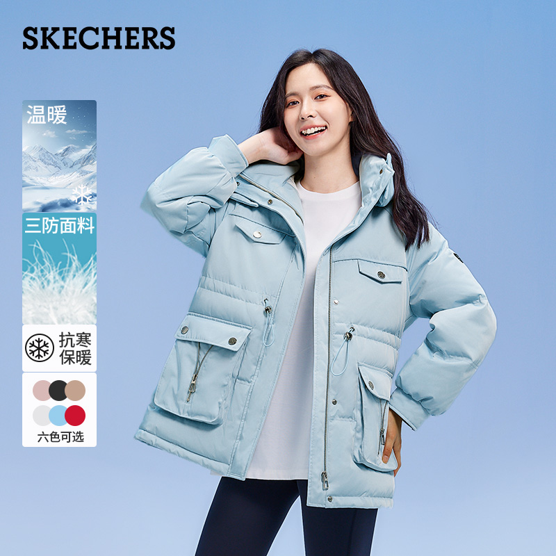 Skechers2025年冬季中长款新年时尚小个子白鸭绒保暖棉衣羽绒服女