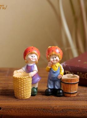 卡通树脂田园风复古家居草莓头娃娃收纳礼物装饰桌面花园装饰摆件