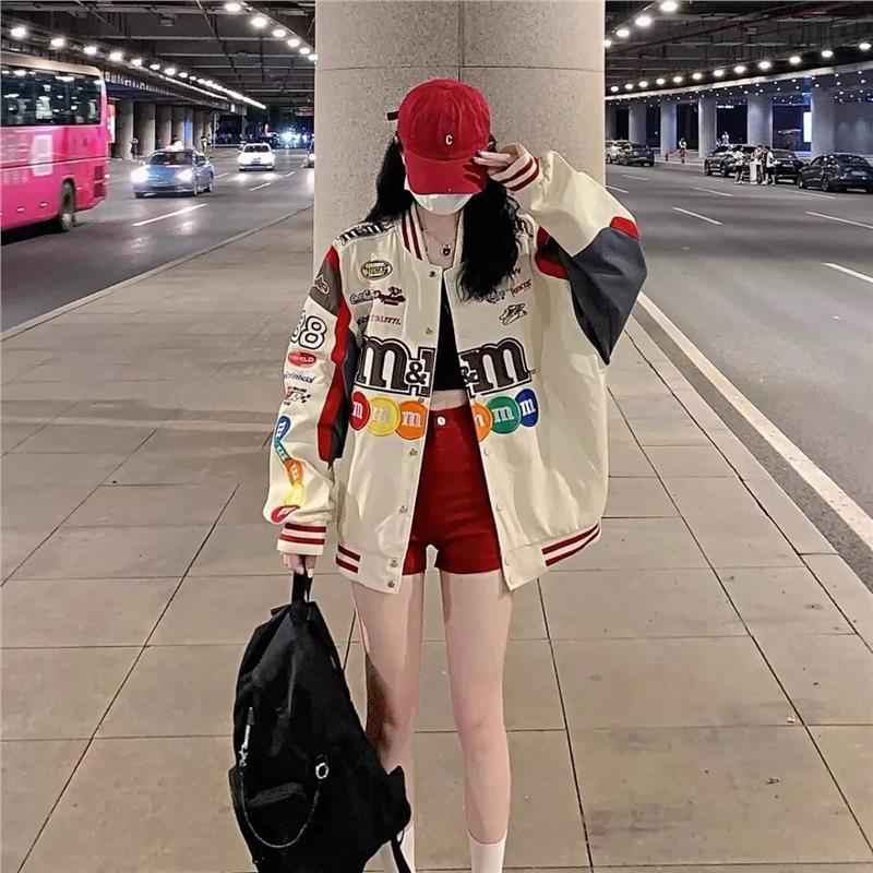 美式潮牌m豆棒球外套女春秋夹克情侣机车服刺绣拼接国潮高街男