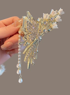 铃兰花蝴蝶流苏发夹珍珠水钻麦穗抓夹女大号高级感盘发鲨鱼夹头饰