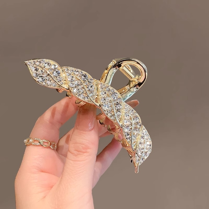 夏季新款优雅气质水钻树叶抓夹女