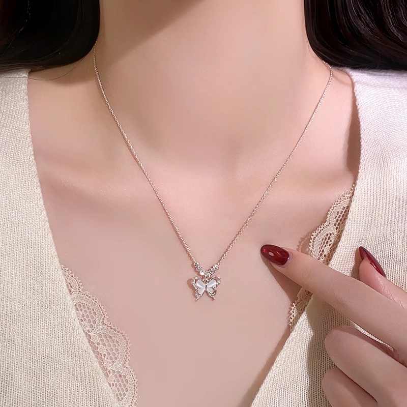 镂空猫眼石蝴蝶项链女2025新款s925银串珠锁骨链时尚百搭气质颈链