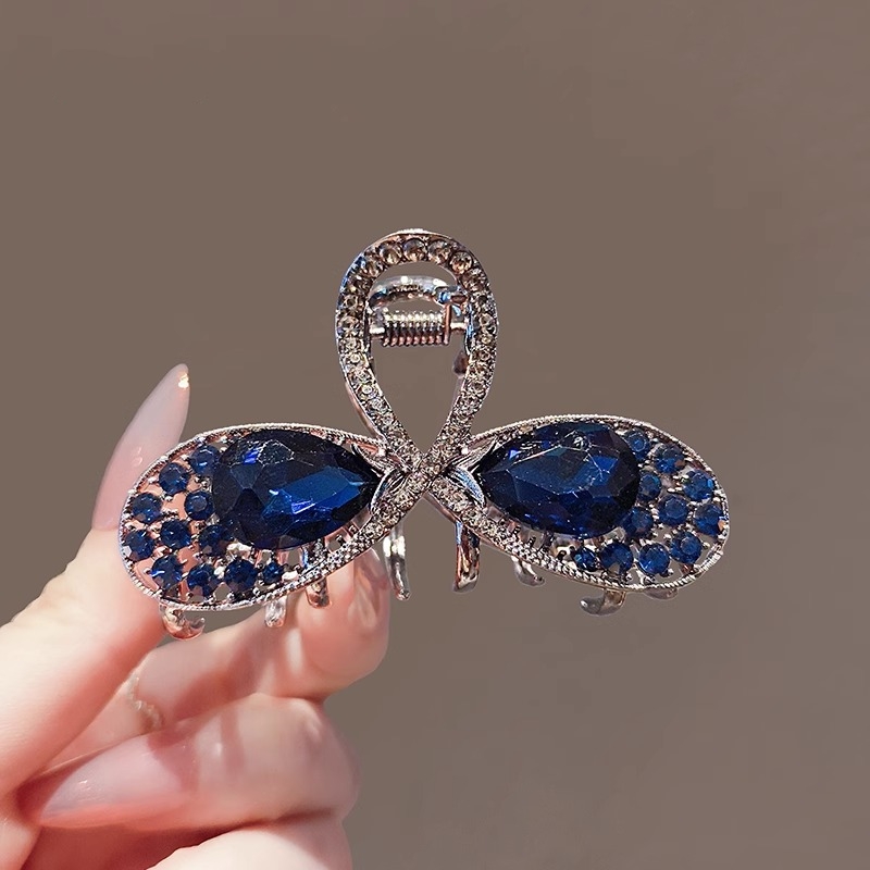 蓝色水钻抓夹半扎中号蝴蝶结发夹