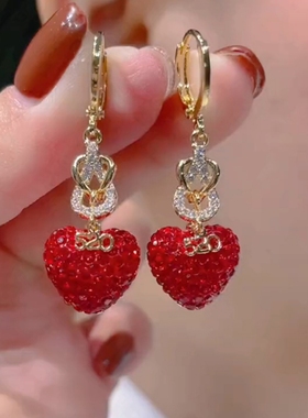 红色满钻520爱心耳环女高级感超闪气质925银耳钩新款过年喜庆耳饰