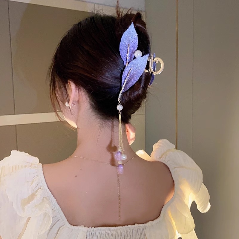 紫色流苏抓夹后脑勺国风树叶发夹