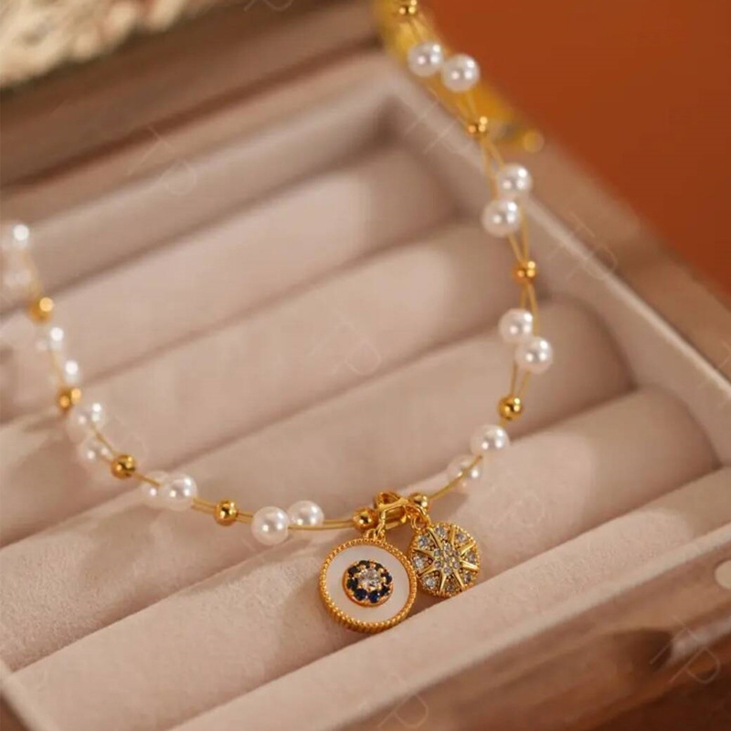 贝母锆石八芒星编织珍珠项链颈链