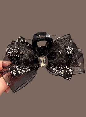 高级感绢纱蝴蝶结抓夹2025新款气质碎花水钻发夹后脑勺盘发鲨鱼夹