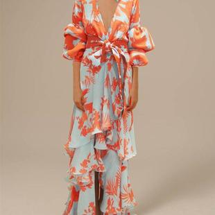印花度假连衣裙深V领不规则波西米亚长裙女Holiday dress print