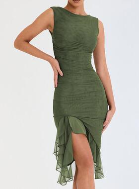 CuriousCat新款网纱褶皱包臀裙气质不规则荷叶边下摆连衣ins女