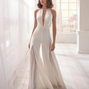 Jumpsuits 飘逸长裤 2020欧美女装 优雅女神范连体礼服深V挂脖连体裤