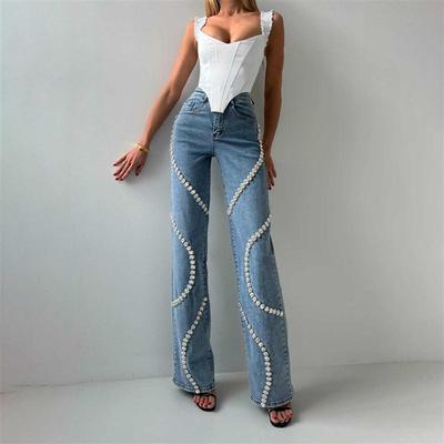 欧美度假风牛仔裤女宽松直筒时尚休闲百搭长裤Women casual pants