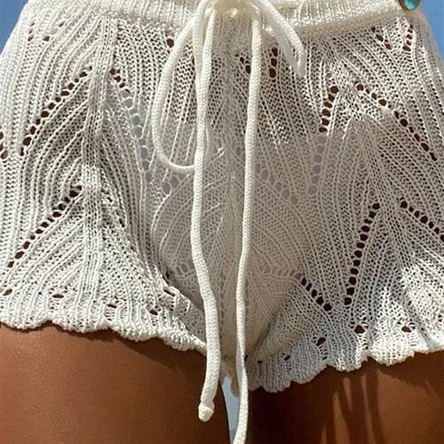 欧美沙滩裤纯色性感针织镂空沙滩比基尼泳衣裤女knit short women