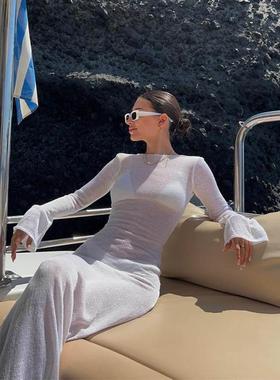 womens beach sun protection dress sexy backless dress长裙女