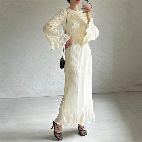 Women long sleeved dress法式风纯色圆领喇叭长袖系带压褶连衣裙