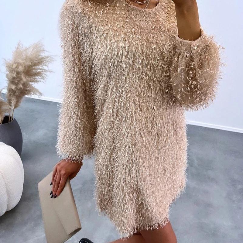 Fluffy Long Sleeve Casual Tassels Dress圆领毛毛流苏连衣裙