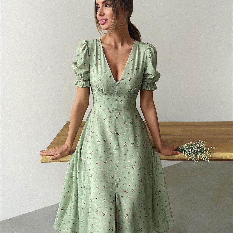 排扣V领灯笼袖印花连衣裙 V-neck Lantern Sleeve Split Dress