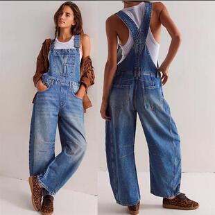 欧美时尚水洗宽松工装抱婴袋牛仔裤女 Denim Jumpsuit Pants Jean