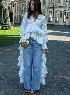 Ruffled V-neck long shirt欧美风新款时尚荷叶边V领长袖衬衫上衣