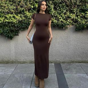 性感气质纯欲圆领短袖 hip 长skim女装 long sexy 连衣裙dress 修身