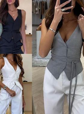 Summer new lace up casual womens top Neck Slim西装系带背心女