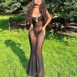 欧美性感修身抹胸洋装长裙 sexy bodycon strapless midi dress