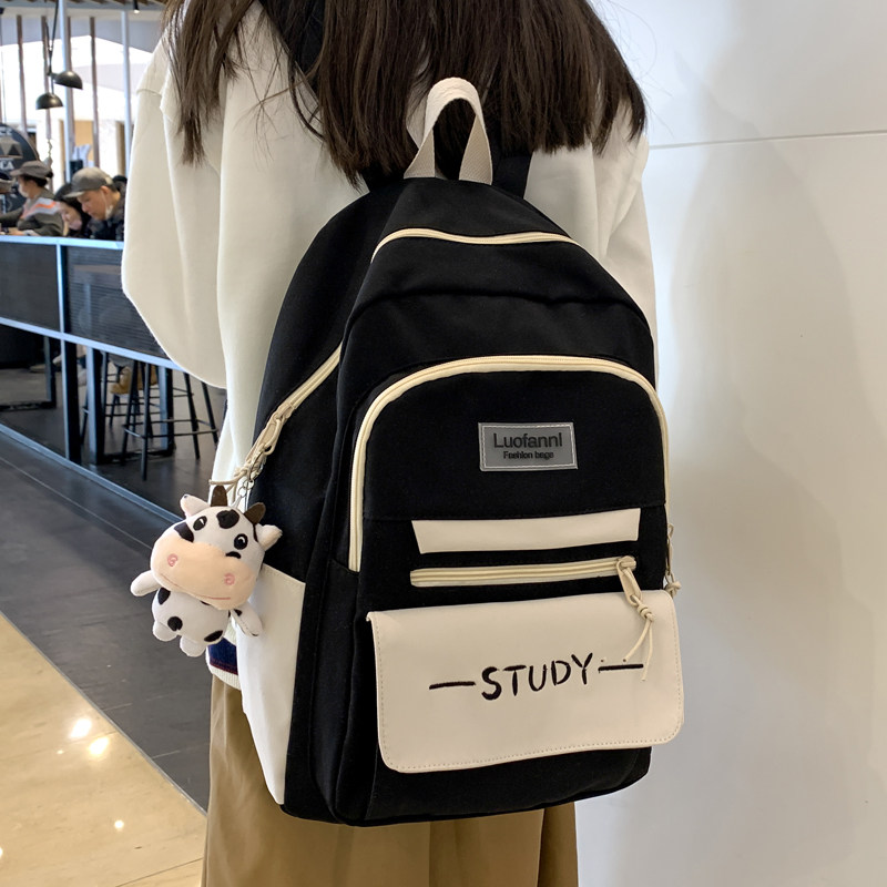 黑色系双肩书包初中女生大容量耐脏黑白简约酷帅高中生学生学院风