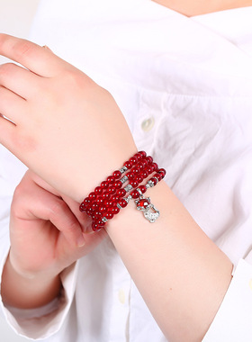 极速酒红石榴石手链手串女款多圈多层4圈新款银R饰108韩版礼物
