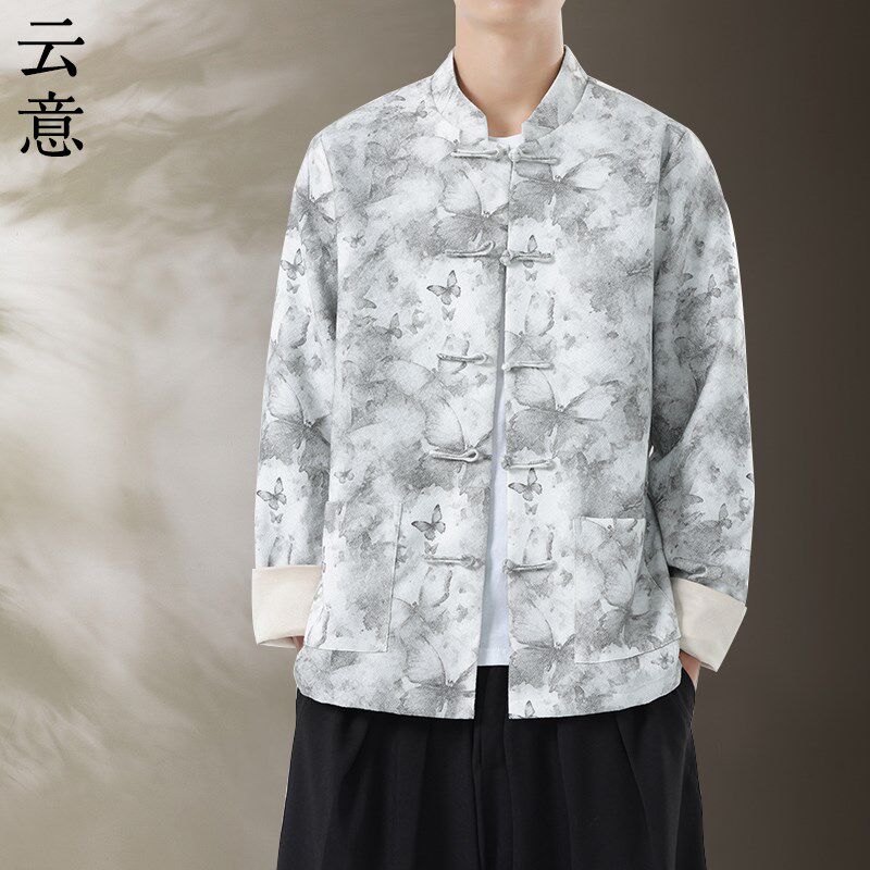 新品秋季中国风外套男中式立领唐装复古J风盘扣上衣宽松夹克大码