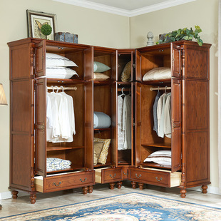 新品 乡c村衣柜实木衣柜卧室双门五门六门转角衣柜组合衣柜拐 美式