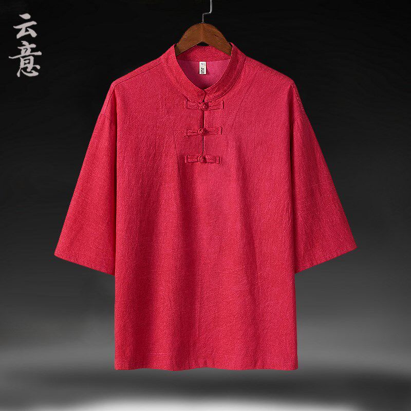新品夏季新中式短袖T恤男中国风盘扣立领唐装纯R棉古风汉服五分袖