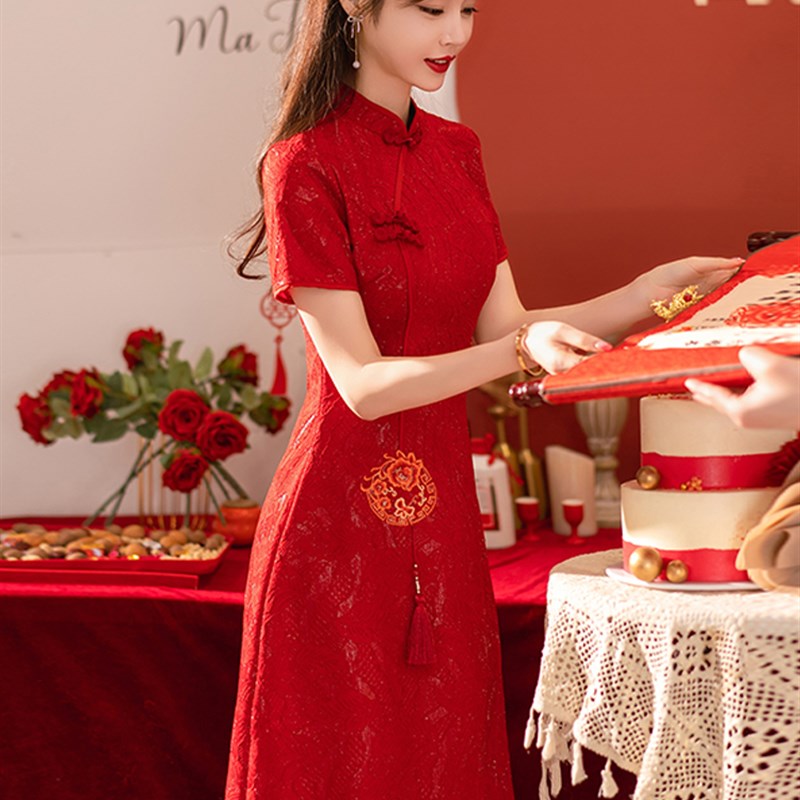 极速新中式旗袍敬酒服新娘改良小个E子大码夏季结婚礼服酒红色连