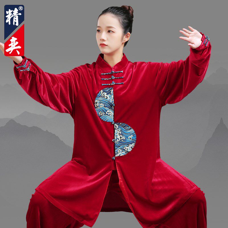 新品太极服女新款加厚南韩绒拼花太F极拳服练功服武术表演服男秋