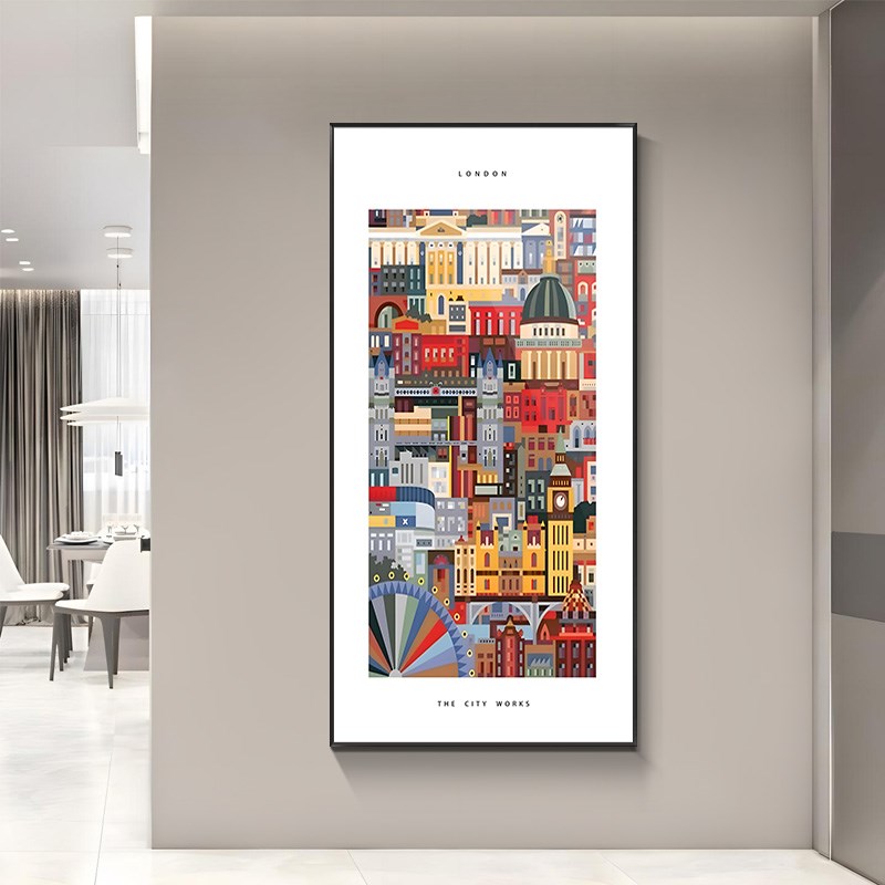 轻奢城市建筑入户玄关装饰画现代高级感客厅艺术壁U画走廊过道挂图片