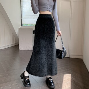 A25新款 中长款 高弹仿水貂毛加厚一步a字 针织裙女半身裙秋冬款 新品
