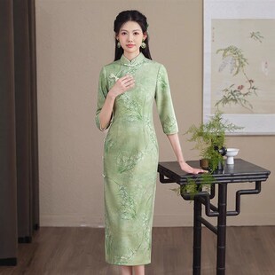 改良年轻款 新品 202y5新款 长袖 少女连衣裙素雅日常 薄荷绿旗袍秋季