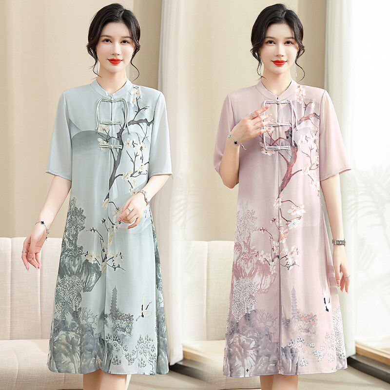 新品中国风连衣j裙洋气质妈妈夏装新中式改良旗袍中老年女遮肚显