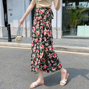 系带休闲碎花沙L滩裙女波西米亚高腰雪 半身裙开叉夏装 新品 一片式