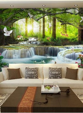 极速无缝5d自然风n景绿色森林壁画8d电视背景墙纸客厅沙发影视墙