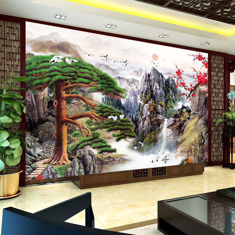 极速新中式迎客松电视背景墙v壁画8d凹凸立体影视墙墙布3d大气客,家装主材,无纺布墙纸,淘宝优惠券,粉丝福利购,淘宝优惠卷