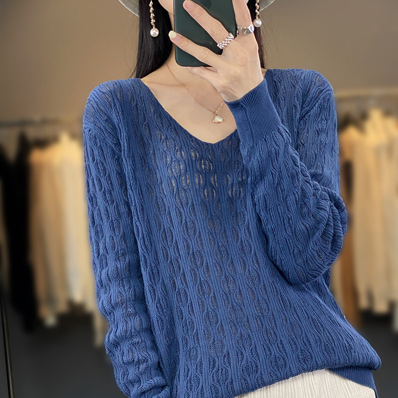 极速纯棉镂空针织衫女薄款V领上B衣宽松慵懒风毛衣外套短款长袖打
