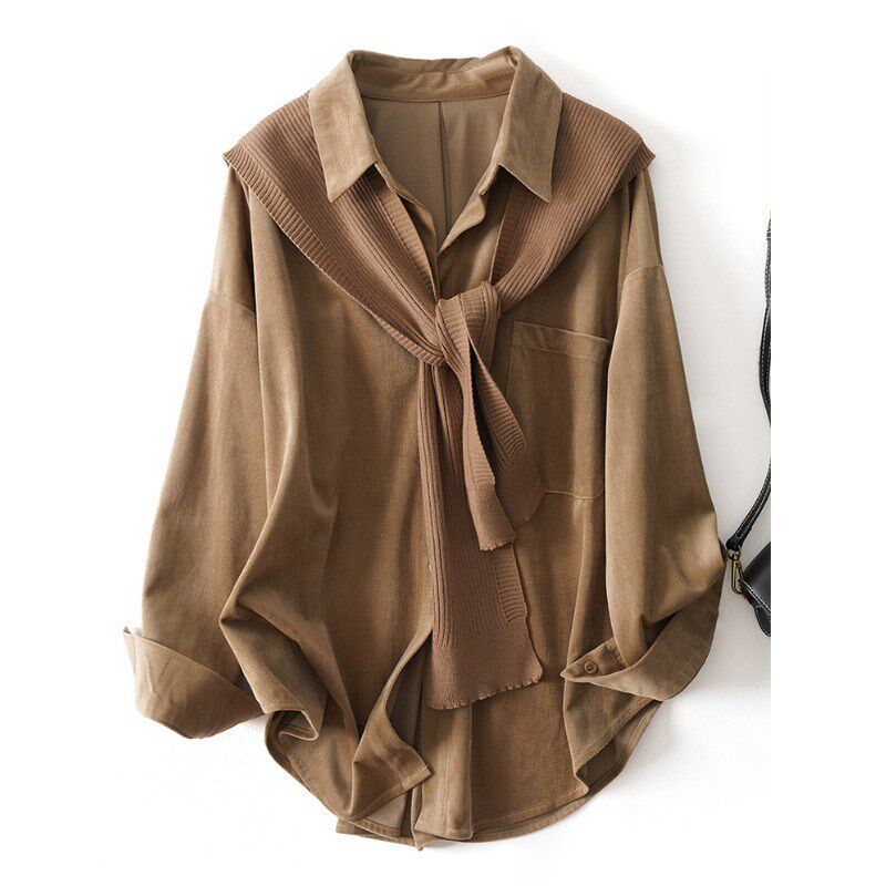 新品薄款粉色长袖衬衫外套s女秋冬季大码胖mm显瘦宽松假两件中长