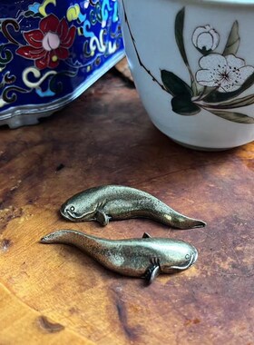 新品2只 黄铜鱼太极鱼小摆件实心铜鱼手把件铜铸微雕仿Z古铜器茶